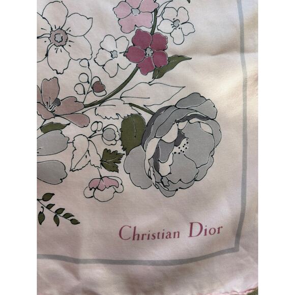 Vintage Christian Dior Silk Scarf Floral Print 27” Pink Gray Green Botanical - Picture 2 of 6